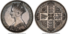 Victoria Proof "Gothic" Crown 1847 PR55 NGC, KM744, S-3883, UN DECIMO on edge. Only lightly circulated, this piece presents very well with even gunmet...