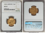 Victoria gold Sovereign 1838 AU53 NGC, KM736.1, S-3852, Marsh-22 (R). Steadily rising in popularity as years pass, this first-year issue Victoria Sove...