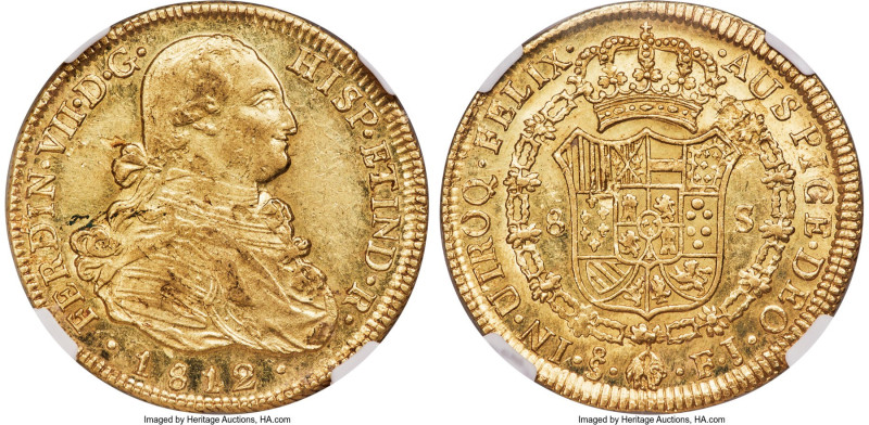 Ferdinand VII gold 8 Escudos 1812 So-FJ AU58 NGC, Santiago mint, KM78, Cal-1867....