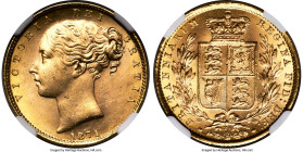 Victoria gold "Shield" Sovereign 1871 MS64 NGC, KM736.2, S-3853B. Die #29. Smooth luster pervades the fields on both the obverse and reverse of this p...