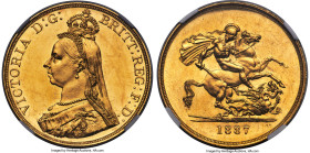 Victoria gold 5 Pounds 1887 MS61 PL NGC, KM769, S-3864. While wisps throughout the fields limit the piece from a higher designation, the delicately re...