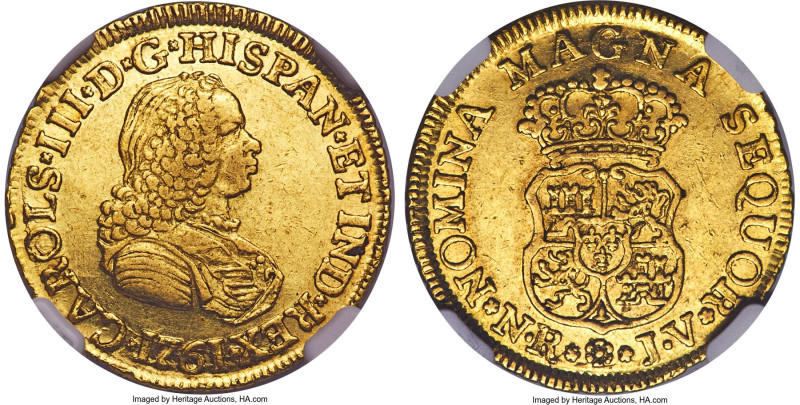 Charles III gold 2 Escudos 1761 NR-JV AU55 NGC, Nuevo Reino mint, KM36.1, Cal-16...