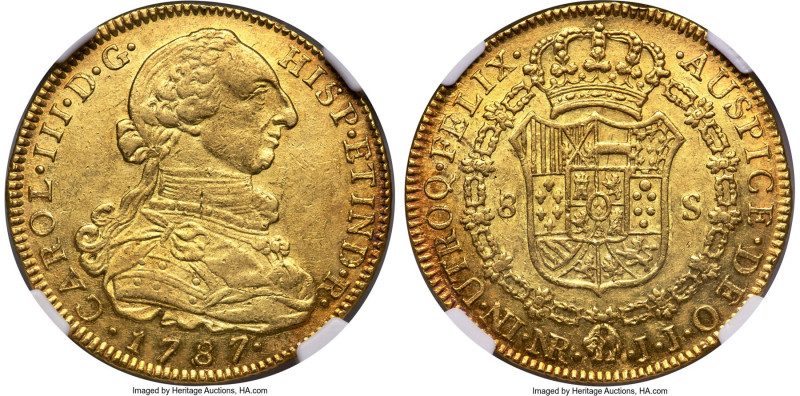 Charles IV gold 8 Escudos 1787 NR-JJ AU58 NGC, Nuevo Reino mint, KM50.1a, Cal-21...