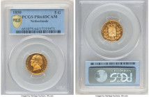 Willem III gold Proof 5 Gulden 1850 PR64 Deep Cameo PCGS, KM94, Fr-341, Schulman-547 (RRR). A rarity from the Dutch series in gold, and one that alway...