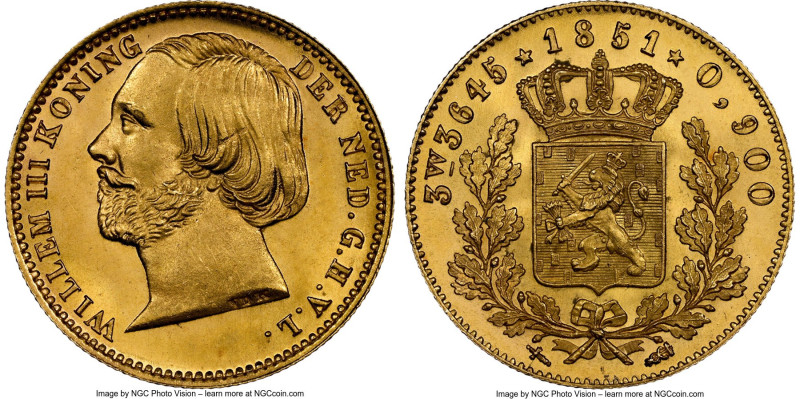 Willem III gold 5 Gulden 1851 MS66 NGC, Utrecht mint, KM94, Schulman-548 (R). Mi...