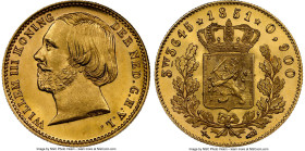 Willem III gold 5 Gulden 1851 MS66 NGC, Utrecht mint, KM94, Schulman-548 (R). Mintage: 10,000. An ever-collectible, low-mintage piece from Willem's re...