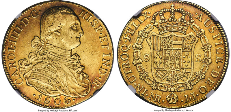 Charles IV gold 8 Escudos 1806 NR-JJ AU55 NGC, Nuevo Reino mint, KM62.1, Cal-174...