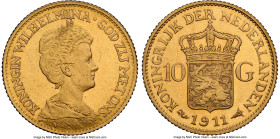 Wilhelmina I gold Proof 10 Gulden 1911 PR66 NGC, KM149, Fr-349. An exceedingly rare Proof issue from this four-year type; according to Krause with a m...