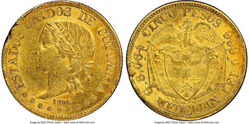 Estados Unidos gold 5 Pesos 1885/74-MEDELLIN MS62 NGC, Medellin mint, KM163, Res...