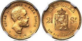 Oscar II gold 10 Kroner (2-1/2 Speciedaler) 1874 MS62 NGC, Kongsberg mint, KM347, Fr-16. Mintage: 24,000. A fetching representative of this fleeting o...