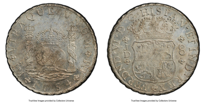 Ferdinand VI 8 Reales 1754 LM-JD MS62 PCGS, Lima mint, KM55.1, Cal-457. A commen...