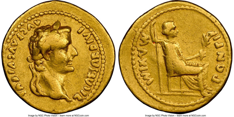 Tiberius (AD 14-37). AV aureus (19mm, 7.69 gm, 12h). NGC Fine 5/5 - 4/5. Lugdunu...