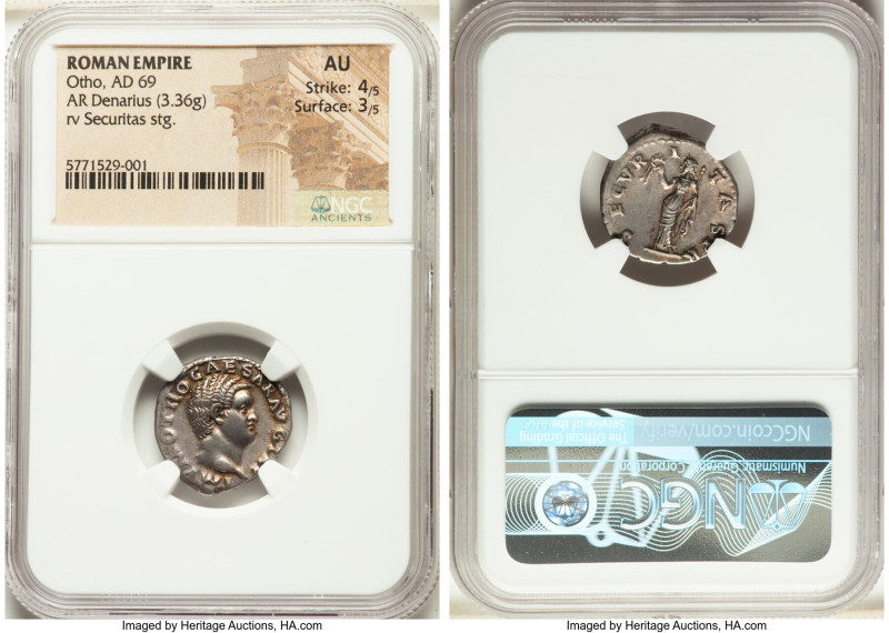 Otho (January-April AD 69). AR denarius (19mm, 3.36 gm, 7h). NGC AU 4/5 - 3/5. R...