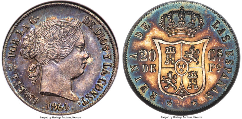 Spanish Colony. Isabel II 20 Centimos 1864 MS61 ANACS, Manila mint, KM146, Cal-6...