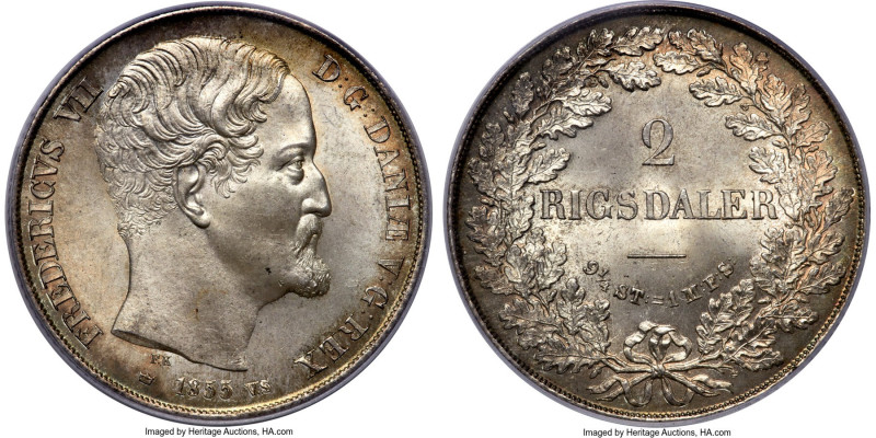 Frederik VII 2 Rigsdaler 1855 (c)-VS MS63 PCGS, Copenhagen mint, KM761.2. A sati...