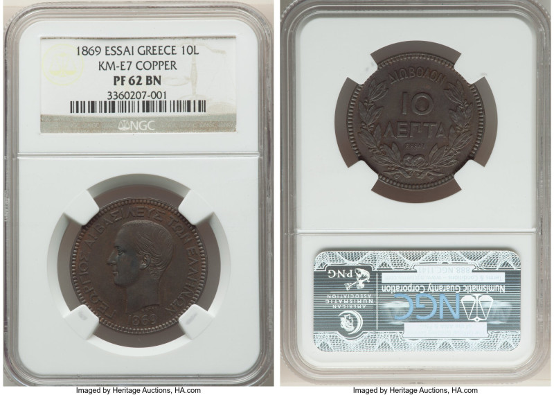 George I copper Proof Essai 10 Lepta 1869 PR62 Brown NGC, Paris mint, KM-E7, Div...