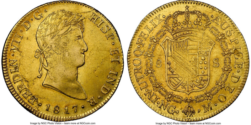 Ferdinand VII gold 8 Escudos 1817 NG-M AU58 NGC, Nueva Guatemala mint, KM71, Cal...