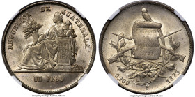 Republic Peso 1873-P MS64 NGC, Nueva Guatemala mint, KM197.1. A heavenly Choice specimen with satiny, dove gray fields radiating audacious luminosity....