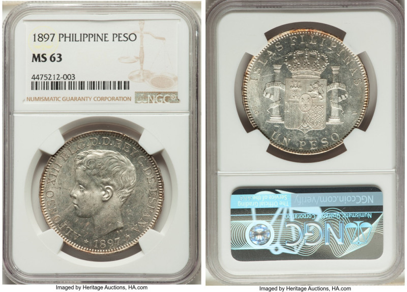 Spanish Colony. Alfonso XIII Peso 1897 SG-V MS63 NGC, Manila mint, KM154, Cal-12...