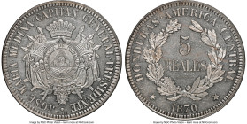 Republic copper-nickel Pattern 5 Reales 1870 PR64 NGC, Paris mint, KM-PN12. In the name of José María Medina Castejón, President of Honduras holding t...