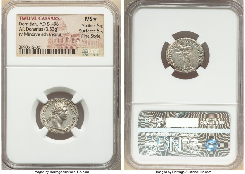 Domitian, as Augustus (AD 81-96). AR denarius (19mm, 3.53 gm, 5h). NGC MS S 5/5 ...