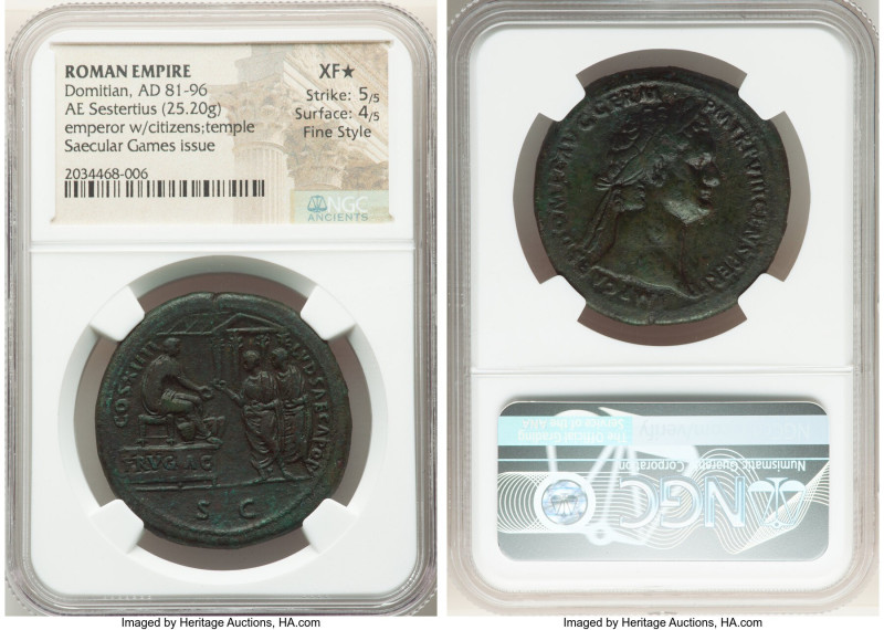 Domitian, as Augustus (AD 81-96). AE sestertius (35mm, 25.20 gm, 7h). NGC XF S 5...