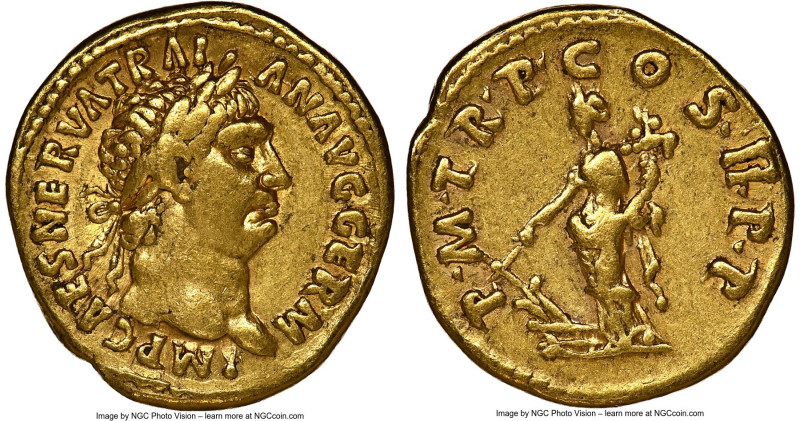 Trajan (AD 98-117). AV aureus (19mm, 7.07 gm, 7h). NGC VF 5/5 - 5/5. Rome, AD 10...