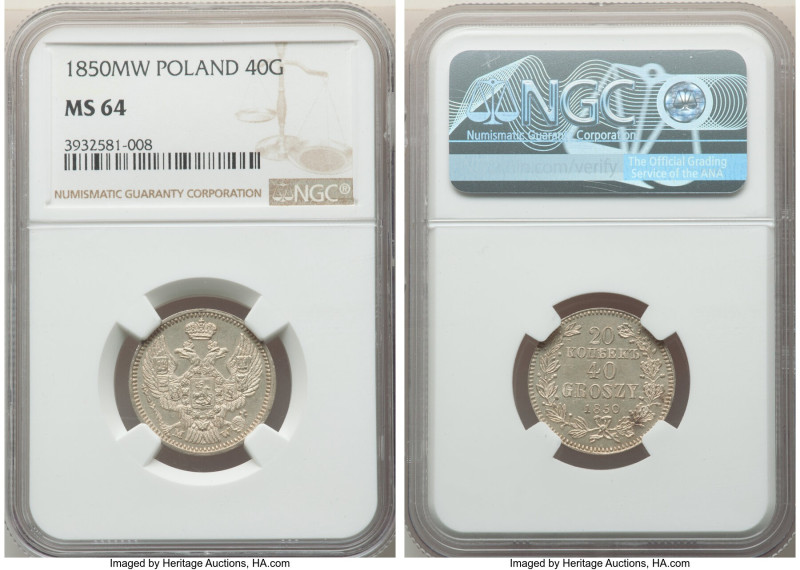 Nicholas I of Russia 40 Groszy (20 Kopeks)-MW 1850 MS64 NGC, Warsaw mint, KM-C13...