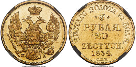 Nicholas I of Russia gold 20 Zlotych (3 Roubles) 1834 CЛБ-ПE AU55 NGC, St. Petersburg mint, KM-C136.2, Fr-111, Bit-1075. Honest wear with plenty of lu...