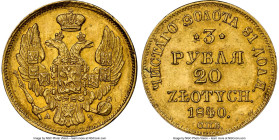 Nicholas I of Russia gold 20 Zlotych (3 Roubles) 1840 СПБ-АЧ MS60 NGC, St. Petersburg mint, KM-C136.1, Fr-111. Mintage: 5,473. The final and lowest-mi...