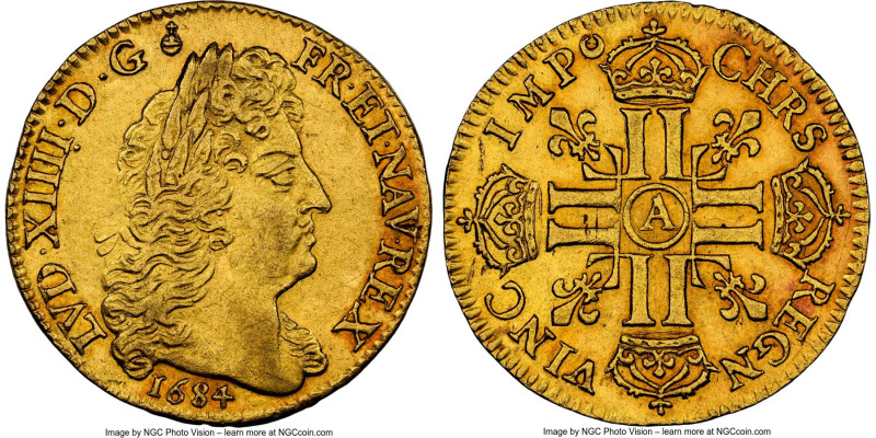 Louis XIV gold Louis d'Or 1684-A AU55 NGC, Paris mint, KM256.1, Gad-249 (R). Lou...