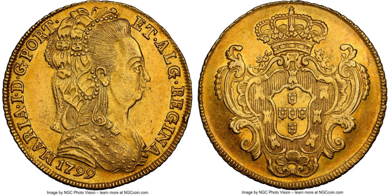 Maria I gold 6400 Reis (Peça) 1799 AU55 NGC, Lisbon mint, KM299, LMB-517. Second...