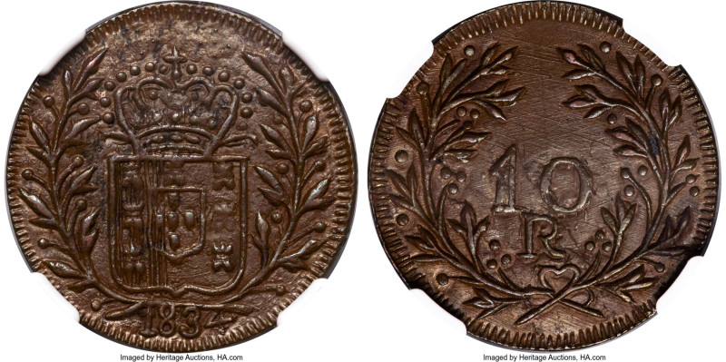 Portuguese Colony - Goa. Maria II Pattern 10 Reis 1834 MS62 Brown NGC, KM-Pn4, G...