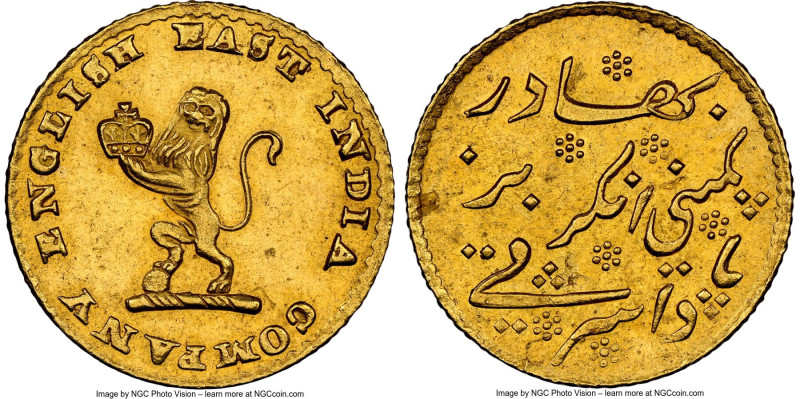 British India. Madras Presidency gold 1/4 Mohur ND (1819) MS62 NGC, KM419, Fr-15...
