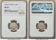 British India. William IV 1/4 Rupee 1835.-(c)MS64 NGC, Calcutta mint, KM448. An surprisingly scarce emission and likely more difficult to come by in t...
