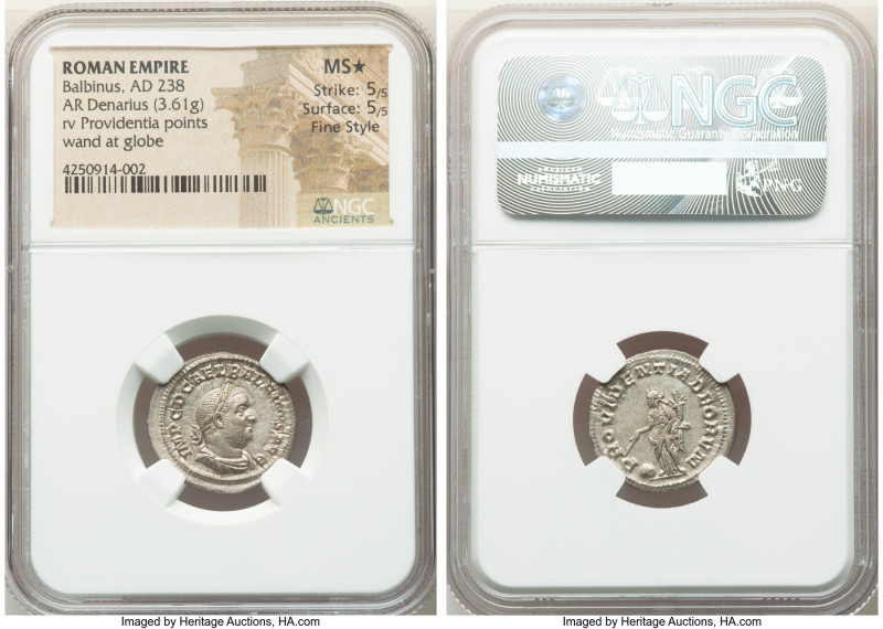 Balbinus (April-July AD 238). AR denarius (20mm, 3.61 gm, 11h). NGC MS S 5/5 - 5...