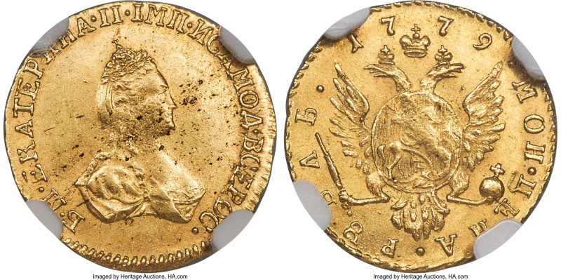 Catherine II gold Rouble 1779 MS62 NGC, St. Petersburg mint, KM-C76, Bit-115 (R)...