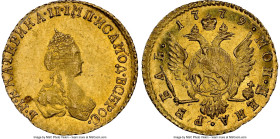 Catherine II gold Rouble 1779 MS62 NGC, St. Petersburg mint, KM-C76, Bit-115 (R), Diakov-388. Only a one-year type, and quite a challenging issue to l...