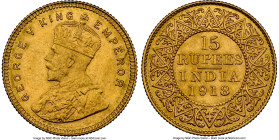 British India. George V gold 15 Rupees 1918-(b) MS62+ NGC, Bombay mint, KM525, S&W-8.1, Prid-25. A better-preserved example than usual of this unique ...