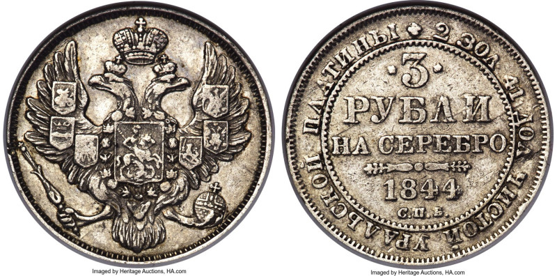 Nicholas I platinum 3 Roubles 1844-CПБ XF45 ANACS, St. Petersburg mint, KM-C177,...