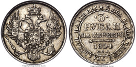 Nicholas I platinum 3 Roubles 1844-CПБ XF45 ANACS, St. Petersburg mint, KM-C177, Fr-160, Bit-90 (R). An ever-welcome, lesser witnessed type, admitting...