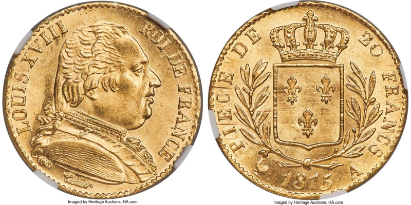 Louis XVIII gold 20 Francs 1815-A MS65 NGC, Paris mint, KM706.1. Not uncommon in...