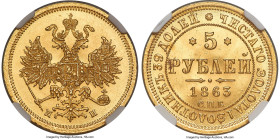 Alexander II gold 5 Roubles 1863 CПБ-MИ MS65 NGC, St. Petersburg mint, KM-YB26, Fr-163, Bit-9. Razor-sharp details rest upon electric surfaces in this...