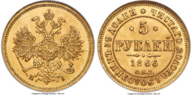 Alexander II gold 5 Roubles 1866 CПБ-HI MS64 NGC, St. Petersburg mint, KM-YB26, Bit-14. Full mint brilliance with a spectacular, needle-sharp strike a...