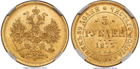 Alexander II gold 5 Roubles 1875 CПБ-HI MS61 NGC, St. Petersburg mint, KM-YB26, Bit-23. A less frequently encountered year of this sought-after type. ...