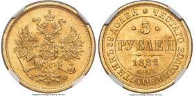 Alexander II gold 5 Roubles 1882 CПБ-HФ MS63 NGC, St. Petersburg mint, KM-YB26, Bit-2. Reflective and opulently decorated in a honeyed amber tone. An ...