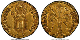 Florence. Republic (1115-1532) gold Florin ND (1252-1422) MS62 PCGS, Fr-275, MIR-20/9. 3.53gm. S. IOHA-NNES. B (trefoil). Saint John the Baptist stand...
