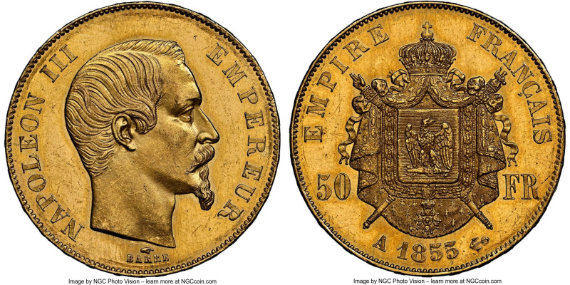 Napoleon III gold 50 Francs 1855-A MS63 S NGC, Paris mint, KM785.1, Fr-569. Pond...