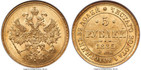 Alexander III gold 5 Roubles 1885 CПБ-AГ MS64 NGC, St. Petersburg mint, KM-YB26, Fr-165, Bit-8. The rare final-year of the issue, rarely encountered s...