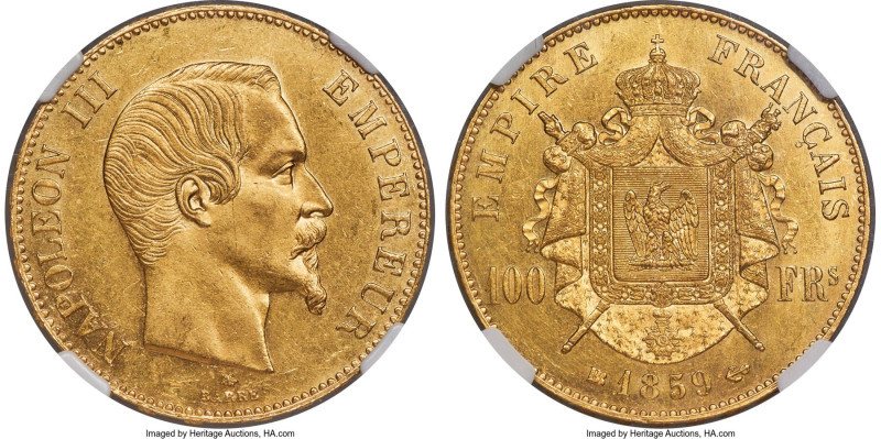 Napoleon III gold 100 Francs 1859-BB MS61 NGC, Strasbourg mint, KM786.2, Fr-570....